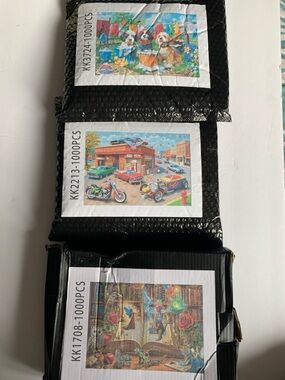 Lot of 3 Jigsaw Puzzles 1000 Pieces Dogs Cars Fantasy Library Art